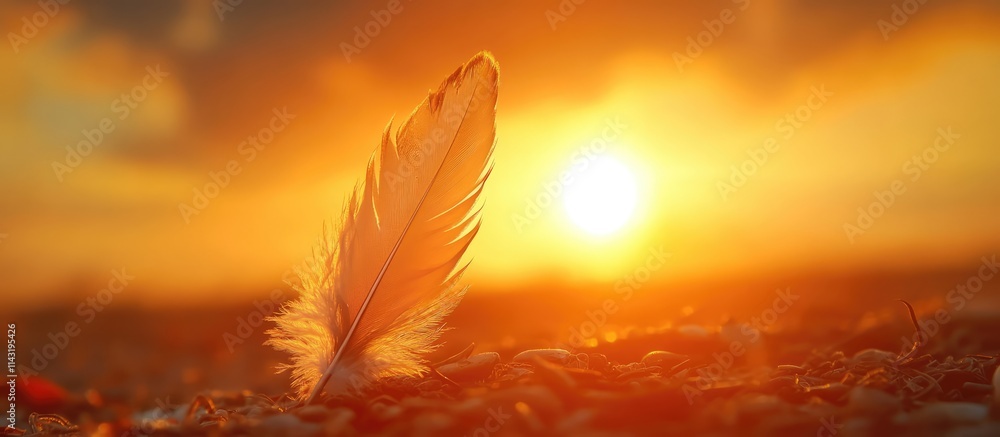 Poster bird feather silhouetted against a vibrant sunset background creating a serene and tranquil atmosphe