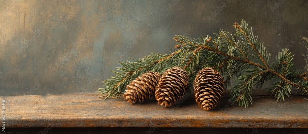 Poster fir tree branch with pine cones on a rustic wooden table creating a serene natural decor scene for h