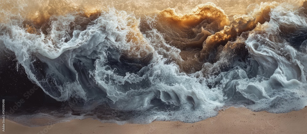 Poster dynamic ocean waves crashing on sandy beach creating a natural abstract backdrop with rich textures 