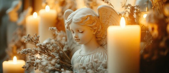 Delicate ceramic angels with flickering candles and dried plants creating a serene and romantic ambiance in soft warm light