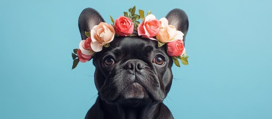 French Bulldog wearing floral headband with roses against a bright blue background displaying charm and personality of playful pets