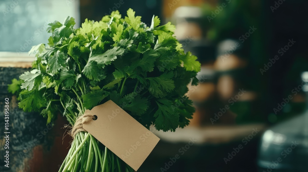 Aufkleber fresh cilantro bundle with handmade tag on rustic table setting in natural light