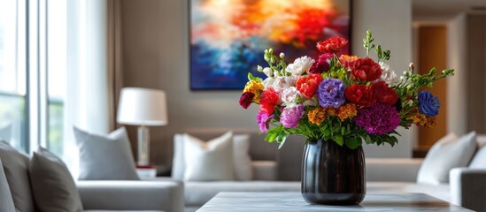 Elegant contemporary interior with vibrant floral arrangements creating a tranquil atmosphere and soft focus ambiance in a modern living space.