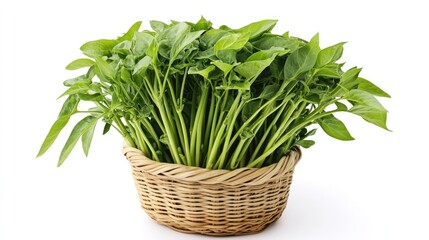 Fototapeta premium Cili Padi Plant Fresh Green Chili Pepper Foliage in Woven Basket on White Background
