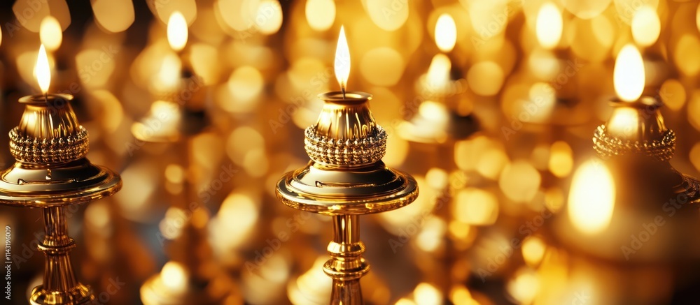 Poster defocused close-up of golden candlesticks emitting a warm amber glow in a softly illuminated environ