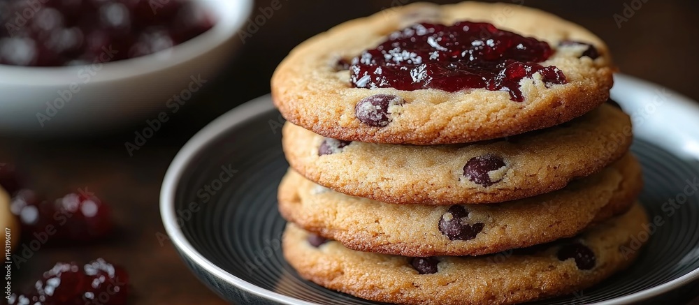 Poster cookies with red jam topping stacked on a plate with additional jam in the background creating a tem