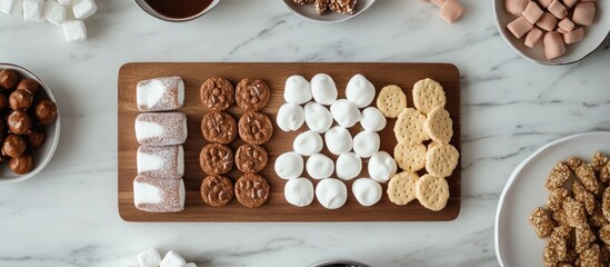 Flat lay arrangement of charcuterie board featuring assorted candies cookies and marshmallows on a marble countertop