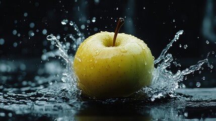 Refreshing green apple splashing in water droplets against a dark background showcasing freshness and vitality in food photography