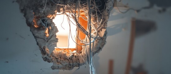 Exposed wiring from a ceiling hole showcasing electrical work in progress during home renovation and construction efforts