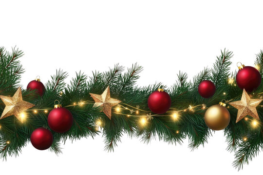 Border with green fir branches, gold stars, red balls, lights isolated on transparent background. Pine, xmas evergreen plants seamless banner. - Powered by Adobe