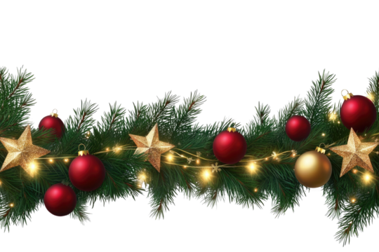 Border with green fir branches, gold stars, red balls, lights isolated on transparent background. Pine, xmas evergreen plants seamless banner.