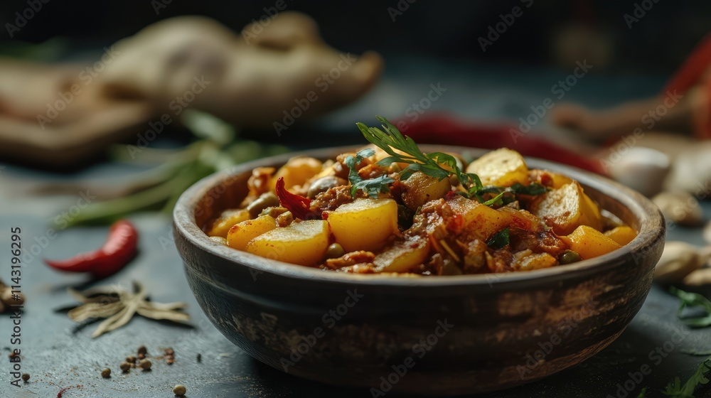 Aufkleber cluster beans curry with potatoes and spices served in rustic bowl over dark background creating a m