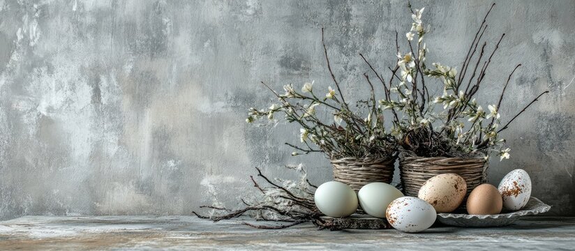 Festive table arrangement featuring decorative eggs and plants against a textured grey backdrop for Easter or spring celebrations