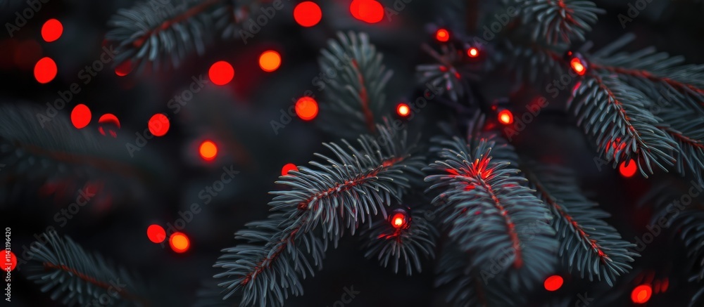 Poster spruce branches adorned with red lights featuring a captivating bokeh effect creating a warm festive