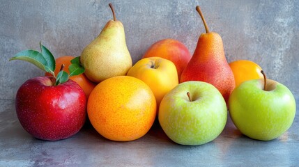 Assorted fresh fruits including apples, pears, and oranges displayed on a counter ready for purchase in a market setting