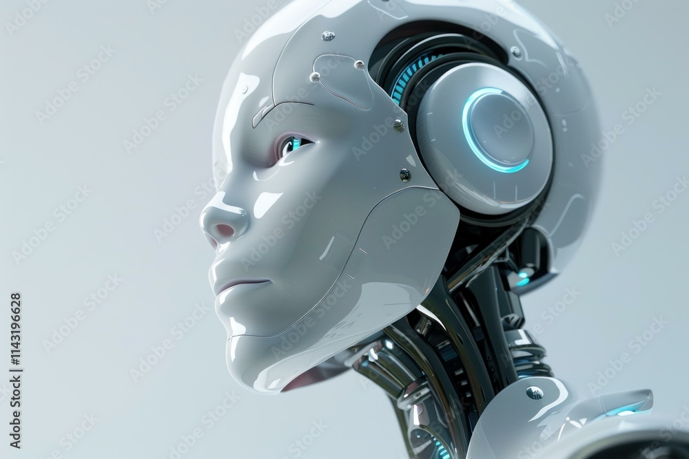 Poster white and chrome android with blue lights is looking upwards with a thoughtful expression