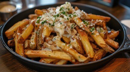 Crispy golden french fries topped with garlic, herbs, and cheese served in a rustic dish for a delicious gourmet treat.