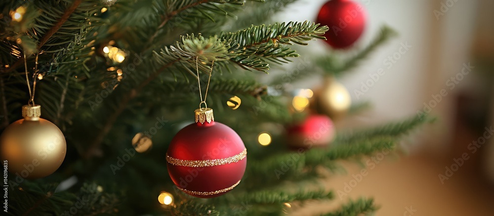 Poster christmas tree with red and gold ornaments featuring a blurred bokeh background creating a warm fest