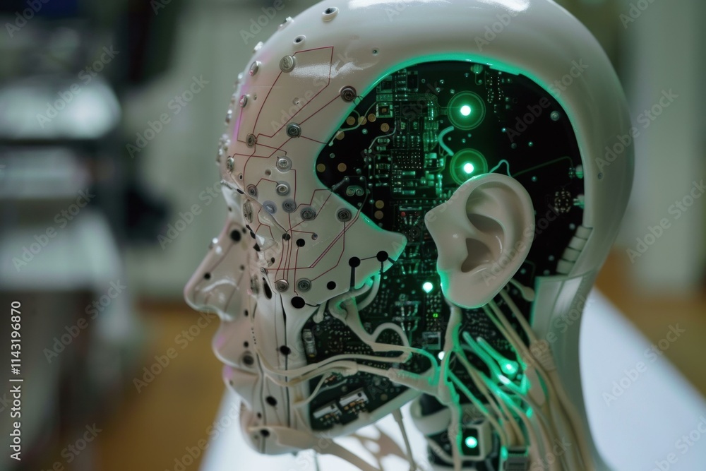 Poster humanoid robot head with exposed brain circuitry illustrating the concept of artificial intelligence