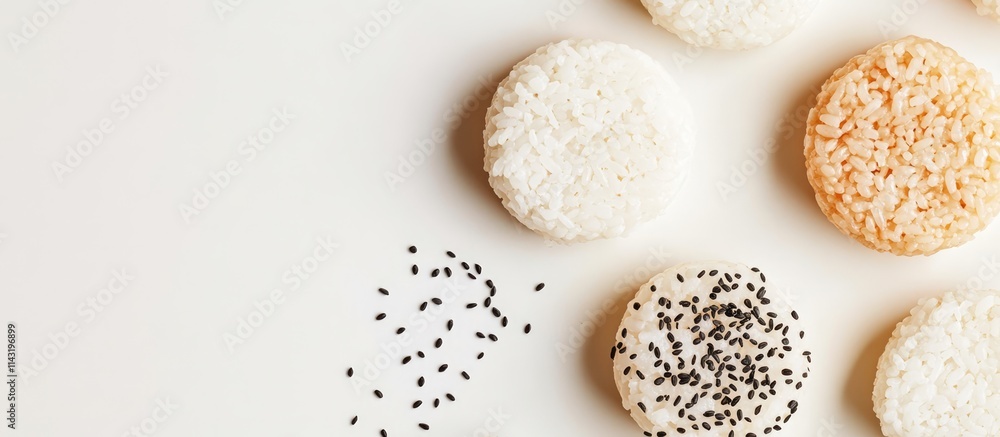 Poster five assorted rice cakes arranged on a white surface with scattered sesame seeds and ample copy spac