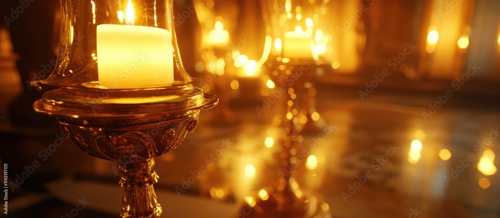 Poster warm amber glow from defocused candlesticks with golden bases in a softly illuminated room creating 