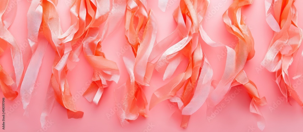 Poster flat lay of colorful streamers and decorative elements on a pink background creating a festive atmos