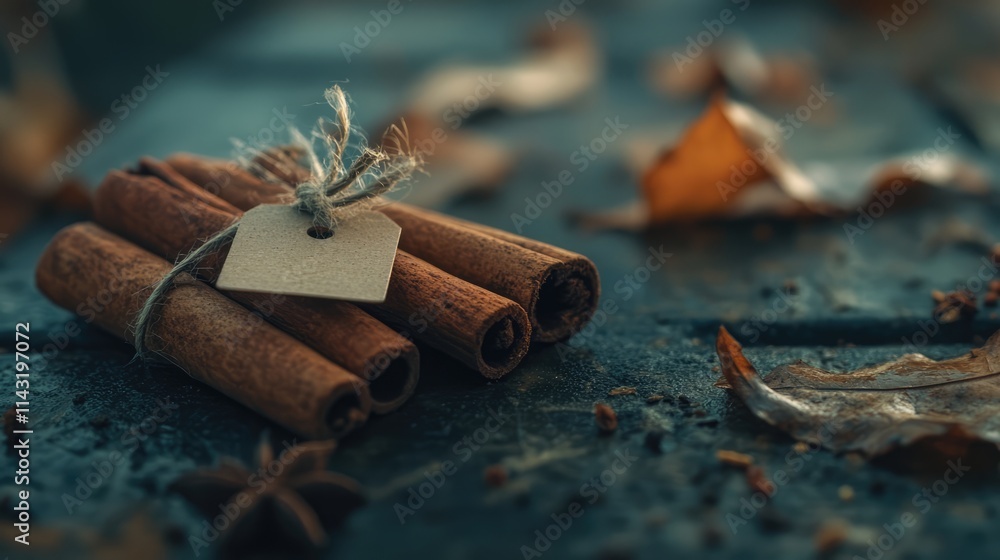 Poster cinnamon sticks with twine and tag on rustic surface surrounded by dried leaves and spices in select