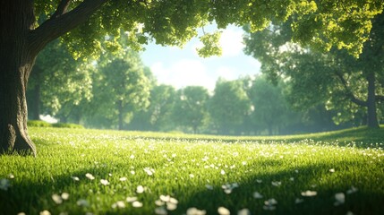 Tranquil green meadow under sunlight with vibrant grass and lush trees in a serene natural park setting ideal for relaxation and nature appreciation