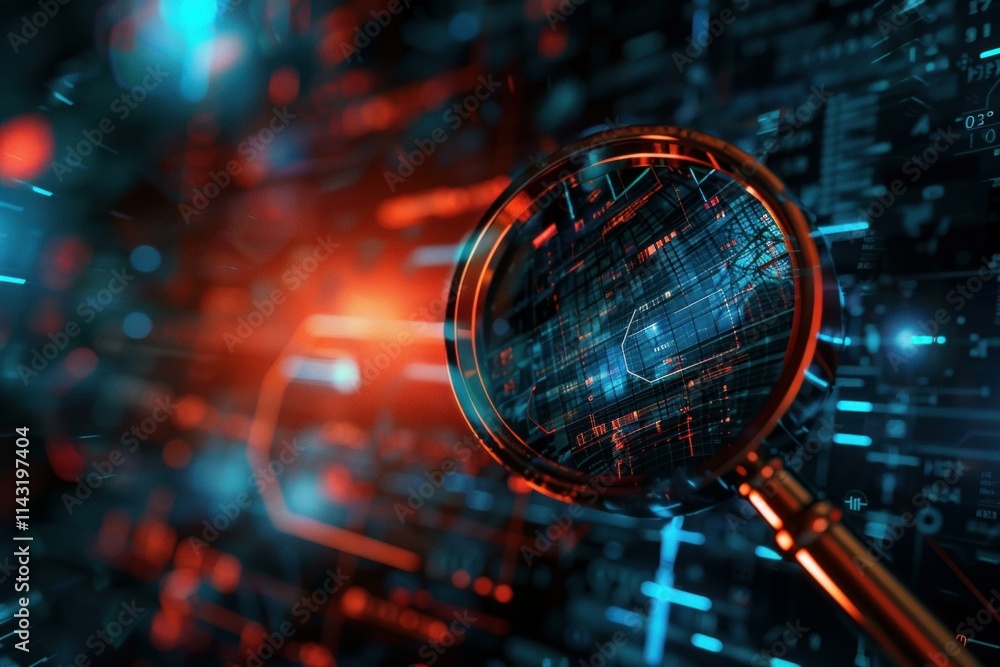 Aufkleber magnifying glass is magnifying technological data flow in a futuristic digital environment