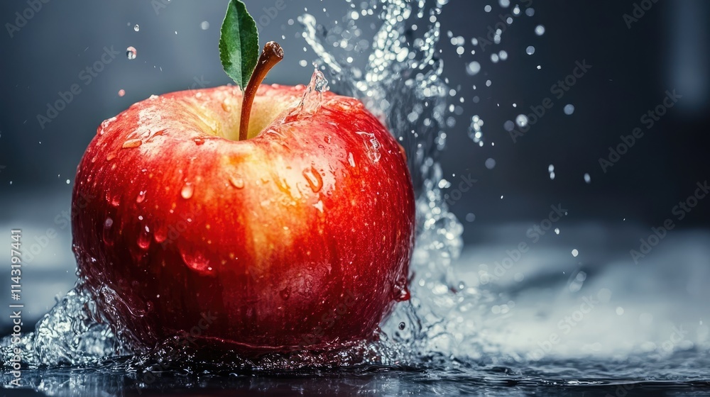Poster fresh red apple splashing in clear water against a black background emphasizing purity and freshness