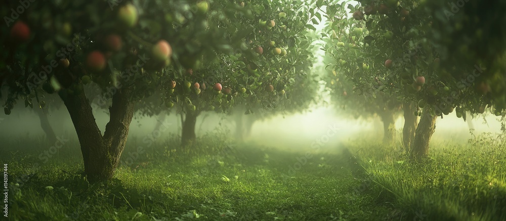 Poster misty orchard landscape with fruit trees shrouded in fog creating a serene and enchanting atmosphere