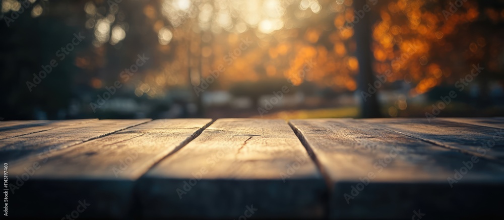 Aufkleber rustic wooden table surface close up with a softly blurred autumn backdrop ideal for showcasing text