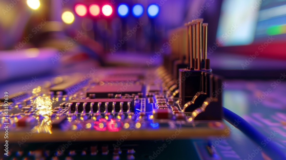 Poster macro shot of an electronic circuit board with vibrant led lights in the background, highlighting th