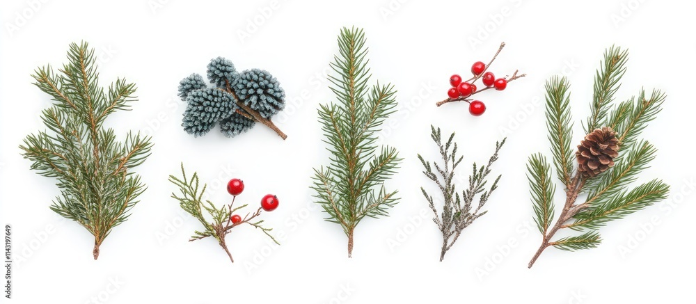 Aufkleber flat lay of assorted evergreen branches red berries and pine cones on a white background ideal for f
