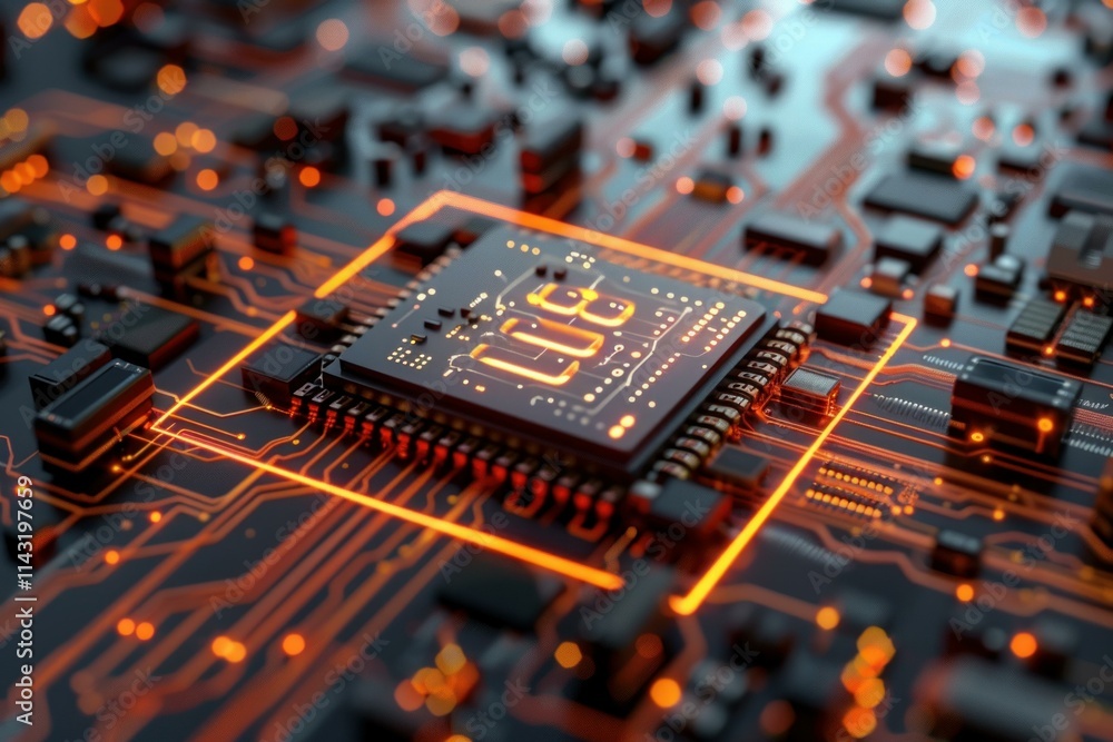 Poster cpu central processing unit is glowing on a motherboard with circuits, in an abstract technology bac