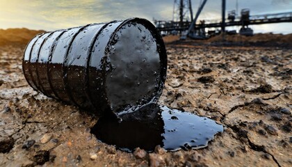 Raw Crude Oil Barrel Spilling on a Desert Ground with Industrial Background