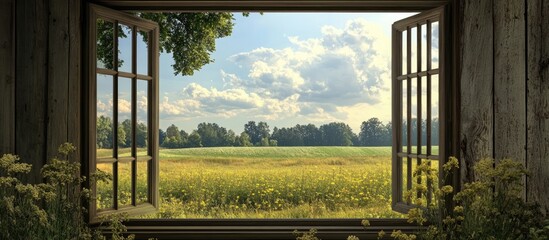 Fototapeta premium Rustic window framing a tranquil field panorama with vibrant greenery and blue skies evoking a sense of peace and serenity indoors