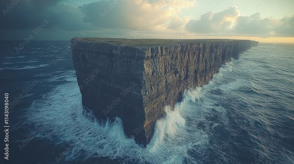 Poster dramatic aerial view of a secluded, rectangular island with steep cliffs battered by powerful ocean 