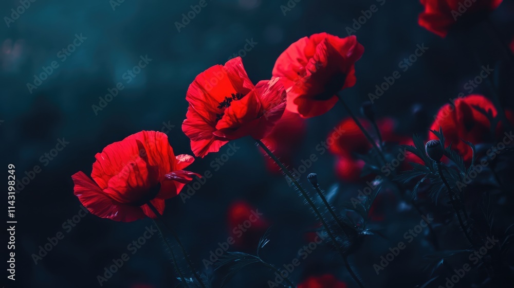 Poster vibrant red poppies in soft light with dark background creating an enchanting floral atmosphere