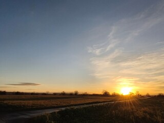 Sunset behind the forest on the horizon