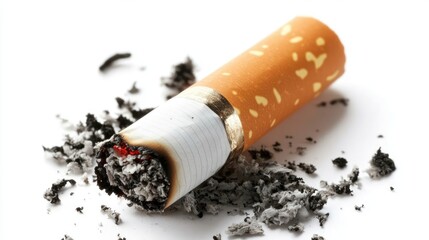 Cigarette butt with ashes isolated on white background showcasing litter and waste management issues