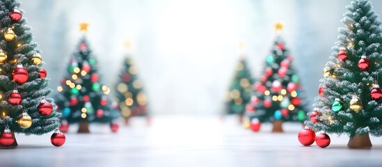 Naklejka premium Festive decorated Christmas trees with colorful ornaments creating a joyful holiday atmosphere for seasonal design projects