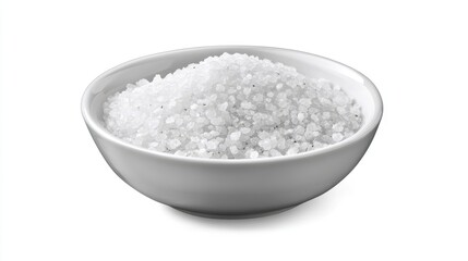 Coarse ground salt in a white bowl isolated on a clean background for culinary and seasoning use in food photography.