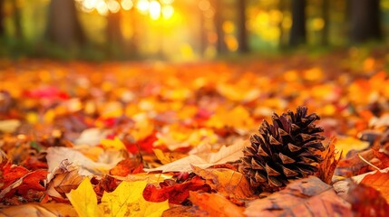 Autumn foliage with vibrant fall leaves and a pine cone on a sunlit forest floor creating a serene natural landscape.
