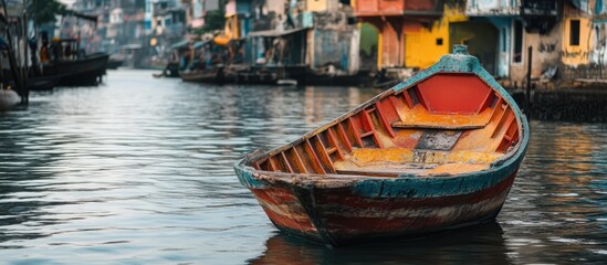 Fototapeta premium Vibrant Fisherman Boat Adrift in Urban Waterway Surrounded by Colorful Houses and Reflections of City Life