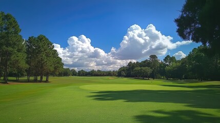 Expansive green golf course fairway under a vibrant blue sky with fluffy clouds and surrounding lush trees on a sunny day