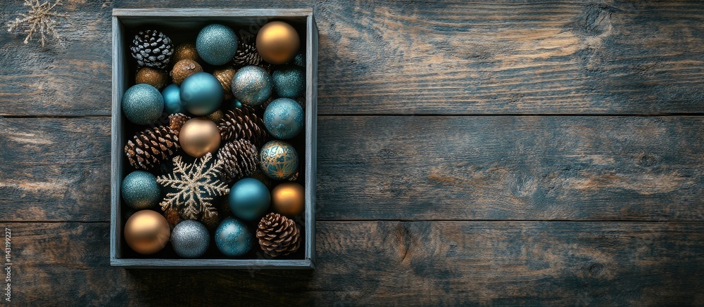 Aufkleber festive flat lay with colorful ornaments pine cones and snowflakes arranged in a box on rustic woode