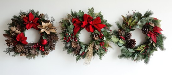 Festive Christmas wreaths adorned with red ribbons pinecones and seasonal foliage on a neutral background