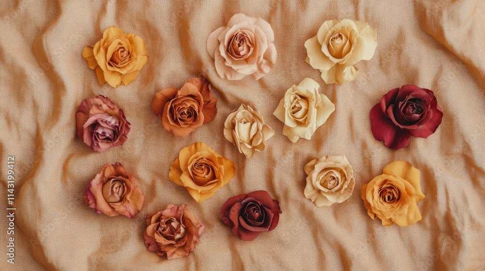 Poster faded dried rose heads arranged on a soft fabric background showcasing various colors with ample cop