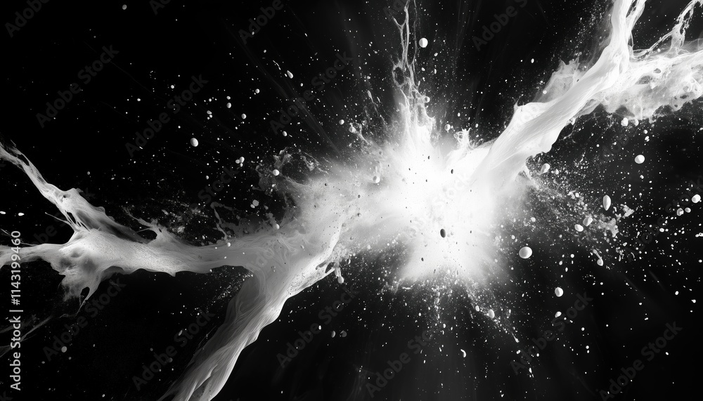 Poster abstract explosion: digitally generated image of white splashes on black background.